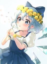 Rule 34 | 1girl, adapted costume, blue bow, blue dress, blue eyes, blue hair, blush, bow, cirno, collarbone, dandelion, detached wings, dress, fairy, flower, flower wreath, hair between eyes, hair bow, head wreath, highres, holding, holding flower, ice, ice wings, parted lips, shirt, short hair, short sleeves, solo, touhou, upper body, wheat retzel, white background, white shirt, wings, yellow flower