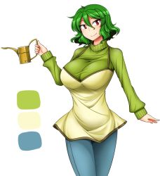 Rule 34 | 1girl, alternate costume, bad id, bad pixiv id, breasts, color guide, female focus, green hair, green shirt, huge breasts, kazami yuuka, red eyes, shirt, short hair, simple background, smile, solo, sweater, touhou, unadare, watering can