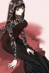Rule 34 | 1girl, arms at sides, black dress, black hair, blood, blood stain, breasts, closed mouth, dress, feet out of frame, highres, large breasts, long hair, long sleeves, looking at viewer, osaragi (sakamoto days), sakamoto days, see-through, see-through sleeves, sitting, solo, sonono71, veil