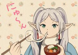 Rule 34 | 1girl, a-king, bowl, chopsticks, commentary request, drop earrings, earrings, eating, food, frieren, green eyes, holding, holding bowl, holding chopsticks, jewelry, long hair, mochi, mochi trail, new year, parted bangs, pointy ears, solo, sousou no frieren, twintails, white hair, zouni soup