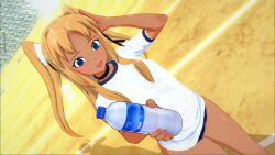 Rule 34 | 1girl, 3d, absurdres, artist request, bare legs, blonde hair, blue buruma, blue eyes, blush, bottle, breasts, buruma, dark-skinned female, dark skin, futaba lili ramses, gym uniform, highres, holding, holding bottle, long hair, looking at viewer, open mouth, salute, shiny skin, simple background, small breasts, smile, solo, taimanin (series), taimanin rpgx, tentacle and witches, twintails