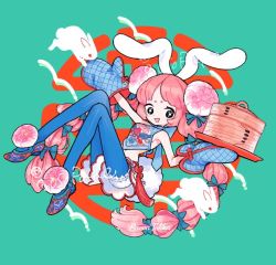 Rule 34 | 1girl, animal ears, black eyes, blue pantyhose, flower, hair flower, hair ornament, hair ribbon, knees up, l hakase, pantyhose under shorts, long hair, multi-tied hair, navel, open mouth, original, oven mitts, pantyhose, pink flower, pink hair, print footwear, rabbit, rabbit ears, ribbon, shoes, shorts, smile, solo, twintails, very long hair, white shorts