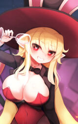 Rule 34 | 1girl, animal ears, blonde hair, bow, breasts, cleavage, cup, curvy, dungeon and fighter, hat, heart, heart-shaped pupils, highres, holding, holding cup, hwaryeok, large breasts, leotard, looking at viewer, original, pantyhose, playboy bunny, pouring, pouring onto self, rabbit ears, red eyes, red leotard, smile, solo, suggestive fluid, symbol-shaped pupils, thighs, upper body