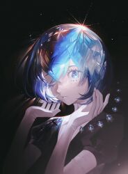 Rule 34 | 1other, black background, black necktie, blue eyes, blue hair, bob cut, colored eyelashes, crystal hair, diamond (houseki no kuni), elbow gloves, gem, gem uniform (houseki no kuni), gloves, hands up, highres, houseki no kuni, huli xiaobai, light particles, looking at viewer, necktie, one eye closed, other focus, parted lips, puffy short sleeves, puffy sleeves, short hair, short sleeves, solo, upper body, white gloves