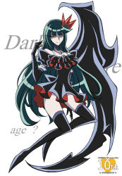 Rule 34 | 10s, 1girl, aged up, alternate hair length, alternate hairstyle, anniversary, arudebido, black dress, black gloves, black neckwear, black thighhighs, boots, character name, dark precure, detached sleeves, dress, english text, eyelashes, gloves, grey eyes, hair ornament, happy, heartcatch precure!, heterochromia, long hair, looking at viewer, precure, simple background, smile, solo, thigh boots, thighhighs, thighs, white background, wings, yellow eyes, zettai ryouiki