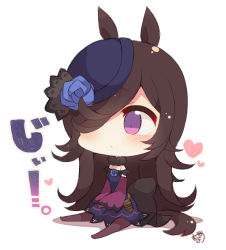 Rule 34 | 1girl, bare shoulders, blue dress, blue flower, blue hat, blue rose, blush, brown hair, brown pantyhose, chibi, closed mouth, colored shadow, detached sleeves, dress, flower, full body, hair over one eye, hat, hat flower, heart, horse girl, long hair, long sleeves, muuran, off-shoulder dress, off shoulder, pantyhose, purple eyes, purple sleeves, rice shower (umamusume), rose, shadow, sitting, sleeves past fingers, sleeves past wrists, solo, tilted headwear, translation request, umamusume, very long hair, white background, wide sleeves