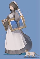 1girl apron blue_background bright_pupils brown_hair buttons cat cloud commentary_request dress full_body grey_dress hat highres holding long_dress long_sleeves maid maid_apron meido-fuku_ga_mitai mob_cap original painting_(object) puffy_long_sleeves puffy_sleeves shadow shoes short_hair simple_background smile solo victorian_maid walking white_pupils