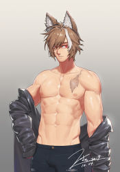 Rule 34 | 1boy, abs, animal ears, artist name, bara, biceps, brown hair, denim, hand on own hip, jacket, jeans, jin (sirius-j), looking to the side, male focus, manly, mature male, messy hair, multicolored hair, muscular, muscular male, navel, nipples, original, pants, pectorals, red eyes, removing jacket, scar, scar on chest, solo, topless male, white hair
