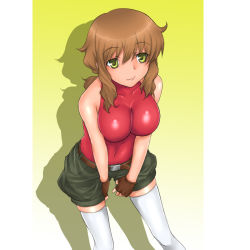 Rule 34 | 00s, 1girl, belt, breasts, brown gloves, brown hair, christina sierra, cleavage, eyebrows, gloves, gradient background, gundam, gundam 00, large breasts, looking at viewer, rokuichi, short hair, shorts, skin tight, solo, standing, taut clothes, thighhighs, white thighhighs, yellow eyes, zettai ryouiki