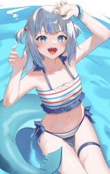 Rule 34 | 1girl, :d, absurdres, arm up, bikini, blue bracelet, blue eyes, blue hair, blush, bracelet, commentary request, fins, fish tail, flat chest, gawr gura, grey hair, hair ornament, hand up, highres, hololive, hololive english, horizontal-striped bikini, jewelry, long hair, looking at viewer, midriff, multicolored hair, navel, open hand, open mouth, pendora1022, shark girl, shark hair ornament, shark tail, sharp teeth, side-tie bikini bottom, sitting, smile, solo, streaked hair, swimsuit, tail, teeth, thigh gap, thigh strap, two-tone hair, v-shaped eyebrows, virtual youtuber, water, wet