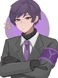 Rule 34 | 1boy, armband, black gloves, black suit, crossed arms, formal, gloves, highres, lobotomy corporation, male focus, nnnnhhhhnhnh, project moon, purple armband, purple hair, simple background, suit, turtleneck, yellow eyes, yesod (project moon)
