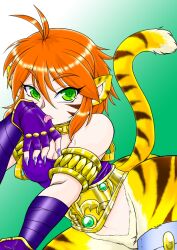 Rule 34 | 1girl, ahoge, animal ears, ass, bottomless, breasts, breath of fire, breath of fire ii, capcom, cat ears, cat girl, cat tail, cleavage, fingerless gloves, garoron, gloves, green eyes, jewelry, licking, medium breasts, navel, orange hair, rinpoo chuan, short hair, sidelocks, slit pupils, tail, thigh strap, tiger tail, tongue