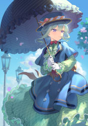 Rule 34 | 1girl, alternate costume, alternate hairstyle, black hat, blue coat, blue sky, bow, bowtie, buttons, center frills, cloud, coat, day, double-breasted, dress, feet out of frame, floating clothes, floating hair, flower, formal, frills, gloves, green dress, green hair, hair bun, hat, hat ribbon, highres, holding, holding umbrella, kusanagi nene, lamppost, light particles, long hair, long sleeves, looking away, looking to the side, mujun atama, outdoors, parasol, petals, plaid, plaid dress, project sekai, purple eyes, red bow, red bowtie, ribbon, sash, sidelocks, sky, solo, standing, striped, sunlight, umbrella, umbrella hair ornament, updo, white gloves, wind