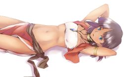Rule 34 | 1girl, bandeau, blue eyes, bracelet, commentary, dark skin, dark-skinned female, earrings, fushigi no umi no nadia, jewelry, looking at viewer, nadia la arwall, neck ring, necklace, open mouth, purple hair, rangycrow, short hair, simple background, solo, strapless, tube top, vest, white background