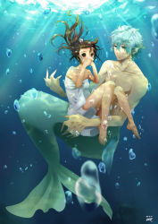 Rule 34 | 1boy, 1girl, absurdres, aqua eyes, aqua hair, bare arms, barefoot, brown eyes, brown hair, bubble, carrying, collarbone, covering own mouth, dress, fins, hair between eyes, head fins, highres, long hair, looking at another, merman, monster boy, original, ponytail, short hair, smile, strapless, strapless dress, topless, underwater, water, webbed hands, white dress