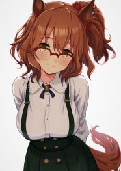 Rule 34 | 1girl, arms behind back, aston machan (umamusume), blush, breasts, brown hair, casual, commentary request, glasses, green eyes, hair ornament, highres, horse girl, large breasts, magata001, medium hair, simple background, smile, solo, umamusume, white background