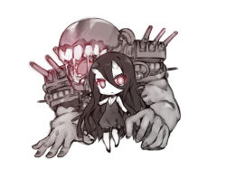 Rule 34 | 10s, 1girl, :&lt;, abyssal ship, bad id, bad pixiv id, battleship princess, black dress, black hair, chibi, dress, glowing, glowing eyes, horns, kantai collection, long hair, looking at viewer, monster, open mouth, pale skin, plus9, red eyes, saliva, short dress, skin-covered horns, solo, turret