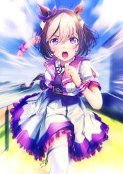 Rule 34 | 1girl, animal ears, breasts, brown hair, collared shirt, cropped torso, emphasis lines, highres, horse ears, horse girl, horse tail, motion blur, multicolored hair, neck ribbon, open mouth, outdoors, ponpochi, purple vest, ribbon, running, running towards viewer, shirt, short hair, short sleeves, skirt, small breasts, solo, special week (umamusume), tail, thighhighs, two-tone hair, umamusume, v-shaped eyebrows, vest, white hair, white shirt, white skirt, white thighhighs, wristband