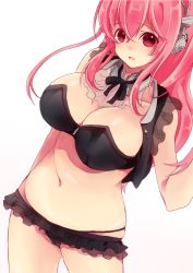 Rule 34 | 1girl, bandeau, blush, breasts, cleavage, headphones, highres, large breasts, long hair, looking at viewer, midriff, navel, nitroplus, obybuss, open mouth, panties, pink eyes, pink hair, solo, strapless, super sonico, tube top, underwear