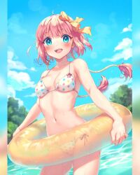 1girl bikini blue_eyes blush bow breasts hair_bow highres innertube medium_breasts medium_hair navel neko-rina open_mouth original pink_hair polka_dot polka_dot_bikini ribbon solo stomach swim_ring swimsuit white_bikini yellow_bow yellow_ribbon