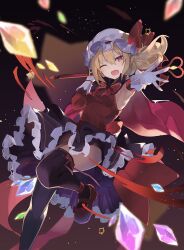 Rule 34 | 1girl, ;d, alternate costume, armpits, black skirt, black thighhighs, blonde hair, blush, commentary, crystal, falken (yutozin), feet out of frame, flandre scarlet, gloves, hair between eyes, hand up, hat, hat ribbon, highres, holding, light particles, long hair, looking at viewer, magical girl, miniskirt, mob cap, no wings, one eye closed, open mouth, photoshop (medium), pointy ears, reaching, reaching towards viewer, red eyes, red ribbon, red shirt, revision, ribbon, shirt, shoes, skirt, smile, solo, thighhighs, thighs, touhou, wand, white gloves, white hat