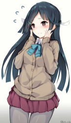 Rule 34 | 10s, 1girl, absurdres, black hair, blush, bow, bowtie, brown eyes, cardigan, commentary request, cowboy shot, flying sweatdrops, grey pantyhose, hair ornament, hairclip, hands on own cheeks, hands on own face, hayashimo (kancolle), highres, kantai collection, katoroku, long hair, long sleeves, pantyhose, pleated skirt, skirt, solo, twitter username