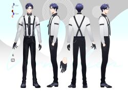 Rule 34 | 1boy, belt, black belt, black footwear, black gloves, black necktie, black pants, blue hair, character sheet, circle, closed mouth, collared shirt, color guide, frown, gloves, grey hair, highres, indie virtual youtuber, kanapy, long sleeves, male focus, multicolored hair, multiple views, necktie, orcus vermillion, pants, red eyes, second-party source, shirt, streaked hair, suspenders, thai commentary, virtual youtuber, white shirt