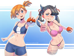 1girl 2girls :d abs asymmetrical_bangs asymmetrical_hair bikini black_hair blue_bikini blue_eyes blush bra breasts cleavage collarbone creatures_(company) female_focus game_freak green_eyes grin gym_leader hair_ornament hair_ribbon holding holding_poke_ball huge_breasts kagato007 large_breasts long_hair looking_at_viewer marnie_(pokemon) medium_breasts medium_hair midriff misty_(pokemon) multiple_girls navel nintendo open_mouth orange_hair pink_bikini poke_ball poke_ball_(basic) pokemon pokemon_origins pokemon_swsh ponytail red_ribbon ribbon short_hair short_shorts short_twintails shorts side_ponytail smile standing stomach swimsuit teeth thick_thighs thighs twintails underwear