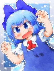 Rule 34 | 1girl, blue background, blue bow, blue dress, blue eyes, blue hair, blush, border, bow, cirno, claw pose, collared shirt, detached wings, dress, fang, hair bow, highres, looking at viewer, matty (zuwzi), neckerchief, open mouth, pinafore dress, puffy short sleeves, puffy sleeves, red neckerchief, shirt, short sleeves, simple background, sleeveless, sleeveless dress, snowing, solo, touhou, upper body, v-shaped eyebrows, white border, white shirt, wings