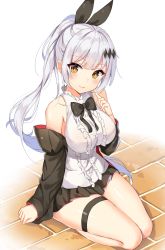 Rule 34 | 1girl, bare legs, bare shoulders, black bow, black bowtie, black ribbon, black skirt, blunt bangs, blush, bow, bowtie, breasts, brick floor, center frills, closed mouth, collarbone, commentary, finger to cheek, five-seven (girls&#039; frontline), frilled shirt, frills, girls&#039; frontline, hair ornament, hair ribbon, large breasts, long hair, looking at viewer, miniskirt, noboru (kamine204136), on floor, orange eyes, ponytail, ribbon, seiza, shirt, simple background, sitting, skindentation, skirt, smile, solo, thigh strap, white background, white shirt