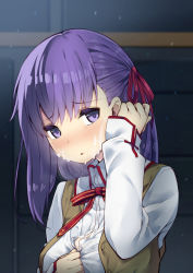 Rule 34 | 1girl, blush, bra, breasts, brown vest, commentary request, cum, cum on body, cum on upper body, facial, fate/stay night, fate (series), fingernails, hair ribbon, tucking hair, hand up, highres, homurahara academy school uniform, indoors, lace, lace-trimmed bra, lace trim, long hair, long sword, looking at viewer, matou sakura, medium breasts, neck ribbon, nigo (aozoragarou), nose blush, open clothes, open vest, parted lips, pink lips, pink ribbon, purple eyes, purple hair, red ribbon, ribbon, school uniform, shirt, sleeves past wrists, smile, solo, unbuttoned, unbuttoned shirt, underwear, upper body, vest, white bra, white shirt, wing collar