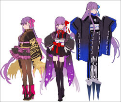 Rule 34 | &gt;:), 3girls, alternate breast size, ankle boots, bb (fate), bb (fate/extra), black footwear, black kimono, black legwear, blue bow, blue eyes, boots, bow, brown legwear, closed mouth, fate/extra, fate/extra ccc, fate (series), gloves, hair bow, hakusai (tiahszld), hands on own hips, high heel boots, high heels, japanese clothes, kimono, kimono skirt, layered skirt, long hair, long sleeves, meltryllis (fate), multiple girls, o-ring, obi, pantyhose, passionlip (fate), pink bow, pleated skirt, purple eyes, purple hair, red bow, sash, short kimono, simple background, skirt, sleeves past fingers, sleeves past wrists, smile, striped clothes, striped skirt, thigh boots, thighhighs, v-shaped eyebrows, vertical-striped clothes, vertical-striped skirt, very long hair, white background, white gloves, wide sleeves