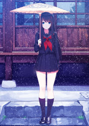 Rule 34 | 1girl, arm at side, black footwear, black hair, black shirt, black skirt, black socks, blazer, blouse, blue eyes, building, caidychen, expressionless, full body, hair ornament, hairclip, highres, holding, holding umbrella, jacket, kneehighs, loafers, long hair, looking at viewer, neckerchief, oil-paper umbrella, original, outdoors, pleated skirt, sailor collar, school uniform, serafuku, shirt, shoes, sidelocks, skirt, smile, snow, snowing, socks, solo, standing, umbrella