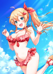 Rule 34 | 1girl, ahoge, apple hair ornament, bikini, bird, blonde hair, blue eyes, blue sky, blush, bow, bow bikini, breasts, checkered bikini, checkered clothes, choker, cleavage, cloud, commentary request, day, dutch angle, flower bracelet, food-themed hair ornament, frilled bikini, frills, front-tie bikini top, front-tie top, hair between eyes, hair ornament, hair ribbon, hands up, indie virtual youtuber, long hair, looking at viewer, medium breasts, mikami nacaba, nail polish, navel, open mouth, outdoors, ponytail, red bikini, red bow, red choker, red nails, red ribbon, ribbon, ritorun (vtuber), sidelocks, sky, solo, standing, standing on one leg, stomach, swimsuit, teeth, upper teeth only, virtual youtuber, water, water drop, x hair ornament