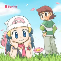 Rule 34 | 1boy, 1girl, bare shoulders, beanie, blue eyes, blue hair, boots, brown hair, cloud, creatures (company), dawn (pokemon), day, falling petals, feet up, flower, full body, game freak, grass, green shirt, hands on own hips, happy, hat, kenny (pokemon), looking at another, looking back, lowres, lying, nintendo, on floor, on grass, on stomach, outdoors, pants, petals, pink footwear, pokemon, pokemon (anime), red neckwear, scarf, shirt, sky, smile, spring (season), standing, tagme