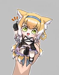 Rule 34 | 1girl, 1other, :d, animal ear fluff, animal ears, arknights, arm up, bare shoulders, black footwear, black gloves, blonde hair, blue hairband, braid, commentary request, fox ears, fox girl, fox tail, frilled skirt, frills, gloves, grey background, hair rings, hairband, highres, jambujok, mini person, minigirl, open mouth, purple skirt, shirt, shoes, short eyebrows, simple background, skirt, smile, solo focus, suzuran (arknights), tail, thick eyebrows, thumbs up, twin braids, white shirt