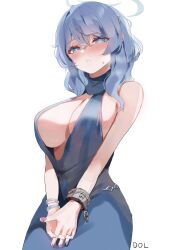 Rule 34 | 1girl, :o, absurdres, ako (blue archive), ako (dress) (blue archive), artist name, blue archive, blue dress, blue eyes, blue hair, blush, bracelet, breasts, commentary, dolechan, dress, fingernails, halo, highres, jewelry, large breasts, nail polish, nose blush, official alternate costume, own hands together, plunging neckline, simple background, solo, sweat, white background