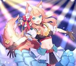 Rule 34 | 1girl, :d, animal ear fluff, animal ears, belt, black gloves, black skirt, blonde hair, blue eyes, breasts, cleavage, commission, cowboy shot, crop top, detached collar, fox ears, fox girl, fox tail, frilled shirt, frills, gloves, hizuki rurufu, long hair, looking at viewer, medium breasts, midriff, miniskirt, navel, open mouth, outstretched arms, pleated skirt, shirt, skeb commission, skirt, smile, snack nili, solo, standing, stomach, tail, tail raised, tomobe kinuko, virtual youtuber, white shirt
