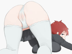 Rule 34 | 1girl, agent aika, aika (series), all fours, artist request, ass, black delmo, blue eyes, blush, breasts, cameltoe, crotch, delmo, embarrassed, female focus, from behind, looking back, medium breasts, panties, pantyshot, partially visible vulva, red hair, sae (agent aika), see-through, see-through silhouette, short hair, simple background, skindentation, skirt, solo, thighhighs, thighs, underwear, wet, wet clothes, wet panties, white background, white panties, white thighhighs