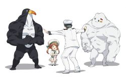 Rule 34 | &gt;:d, 1boy, 1girl, :d, admiral (kancolle), animal, bacius, beret, black hair, bow, brown hair, cat, clothes writing, commentary request, creature, error musume, failure penguin, girl holding a cat (kancolle), hair bow, hat, holding, holding animal, jacket, jurassic park, jurassic world, kantai collection, kneehighs, long hair, long sleeves, looking at another, meme, military, miss cloud, muscular, open mouth, outstretched arms, pants, parody, peaked cap, prattkeeping (meme), school uniform, serafuku, shoes, shoshinsha mark, simple background, smile, socks, spread arms, standing, twintails, v-shaped eyebrows, white background, white socks