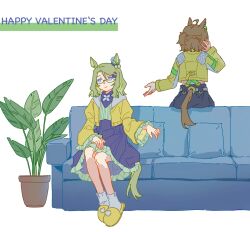 Rule 34 | 2girls, ahoge, air messiah (umamusume), animal ears, black shorts, blue eyes, brown hair, brown skirt, clothing cutout, couch, cropped jacket, glasses, green hair, green shirt, happy valentine, heichicc47, highres, horse ears, horse girl, horse tail, jacket, jungle pocket (umamusume), long sleeves, multiple girls, pillow, plant, potted plant, semi-rimless eyewear, shirt, short hair, short ponytail, shorts, skirt, slippers, smile, socks, tail, tail through clothes, umamusume, white background, white socks, yellow jacket
