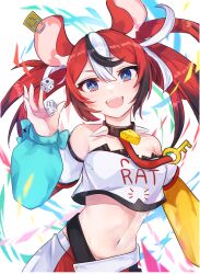Rule 34 | 1girl, :d, absurdres, animal ears, bare shoulders, black hair, blue eyes, collar, commentary request, detached sleeves, dice, hakos baelz, hakos baelz (1st costume), highres, hirasawa izumi, hololive, hololive english, long hair, looking at viewer, mouse ears, mouse girl, multicolored hair, navel, open mouth, red hair, smile, solo, spiked collar, spikes, stomach, strapless, streaked hair, twintails, upper body, virtual youtuber, white background, white hair