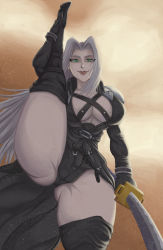Rule 34 | 1girl, breasts, cameltoe, cleavage cutout, clothing cutout, female focus, final fantasy, formal, genderswap, genderswap (mtf), green eyes, highres, katana, large breasts, leg up, lipstick, long hair, looking at viewer, looking down, makeup, mature female, sephiroth, solo, suit, sword, thick thighs, thighhighs, thighs, weapon, white hair