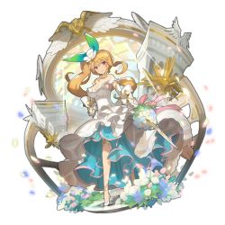 Rule 34 | 1girl, anklet, armpits, asymmetrical hair, bare shoulders, bouquet, breasts, bridal gauntlets, bridal legwear, bride, cleavage, cygames, dragalia lost, dress, elisanne, flower, flowing dress (dq), full body, hair flower, hair ornament, hand on own hip, holding, holding sword, holding weapon, jewelry, large breasts, looking at viewer, official art, petals, pink eyes, ponytail, rose, solo, stained glass, sword, transparent background, weapon, wedding dress, white flower, white rose, wing decorations