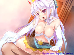 Rule 34 | 1boy, 1girl, ^^^, artist name, bare shoulders, blush, bra, bra pull, breasts, censored, clothes pull, drooling, elbow gloves, girl on top, gloves, hetero, kii (theory), midriff, mosaic censoring, navel, nipples, open mouth, original, penis, purple eyes, purple hair, saliva, sex, sweat, thighhighs, underwear, white gloves, white thighhighs