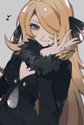 Rule 34 | 1girl, artist name, black dress, blonde hair, breasts, brown eyes, cleavage, closed mouth, coat, creatures (company), cynthia (pokemon), dress, fur-trimmed coat, fur trim, game freak, grey background, hair ornament, hair over one eye, hand on own face, highres, kawasaki (kwsk 8765), long hair, looking at viewer, medium breasts, musical note, nintendo, pokemon, pokemon dppt, solo