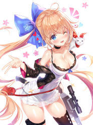 Rule 34 | 1girl, ;d, ahoge, animal, animal on shoulder, artist name, bag, bare shoulders, battle rifle, black choker, black jacket, black thighhighs, blue bow, blue eyes, blush, bow, breasts, choker, cleavage, commentary, cross, dress, fal (girls&#039; frontline), ferret, floral background, fn fal, girls&#039; frontline, gun, hair between eyes, hair bow, handbag, heart, highres, holding, holding gun, holding weapon, jacket, knife, large breasts, leather, light brown hair, long hair, long sleeves, looking at viewer, name connection, narae, object namesake, off shoulder, one eye closed, open mouth, revision, rifle, scope, side ponytail, single thighhigh, sleeveless, sleeveless dress, smile, solo, thighhighs, v, very long hair, weapon, white background, white dress