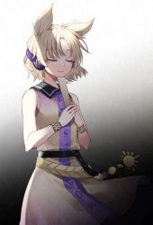 Rule 34 | 1girl, armpits, bare shoulders, belt, black background, black belt, bracelet, breasts, brown dress, brown hair, buttons, closed eyes, closed mouth, collared dress, dress, earmuffs, gold, gradient background, grey background, hair between eyes, hands up, highres, jewelry, kaede (mmkeyy), light brown hair, medium breasts, pointy ears, short hair, sleeveless, sleeveless dress, smile, solo, standing, sun symbol, sword, touhou, toyosatomimi no miko, weapon, white background