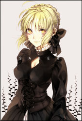 Rule 34 | 1girl, ahoge, artoria pendragon (all), artoria pendragon (fate), bad id, bad pixiv id, black dress, blonde hair, bow, braid, breasts, center opening, cleavage, dress, english text, fate/stay night, fate/zero, fate (series), gothic lolita, hair bow, hair up, highres, kazari tayu, large breasts, lolita fashion, looking at viewer, official alternate costume, saber (fate), saber alter, simple background, smile, solo, yellow eyes