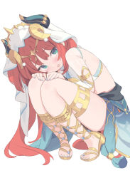 Rule 34 | 1girl, armlet, blade (galaxist), blue skirt, blush, bracer, breasts, fake horns, genshin impact, green eyes, hair ornament, harem outfit, highres, horns, large breasts, long hair, long sleeves, looking at viewer, low twintails, nilou (genshin impact), open mouth, puffy long sleeves, puffy sleeves, red hair, sandals, sash, sidelocks, skirt, solo, squatting, thighlet, twintails, veil